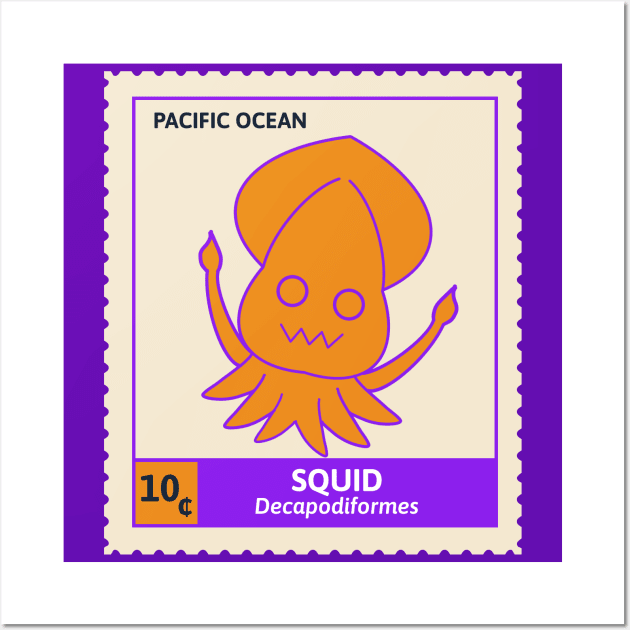 Kawaii Cute Silly Orange Squid, Ocean Stamp Collection, Stamp Collector Wall Art by vystudio